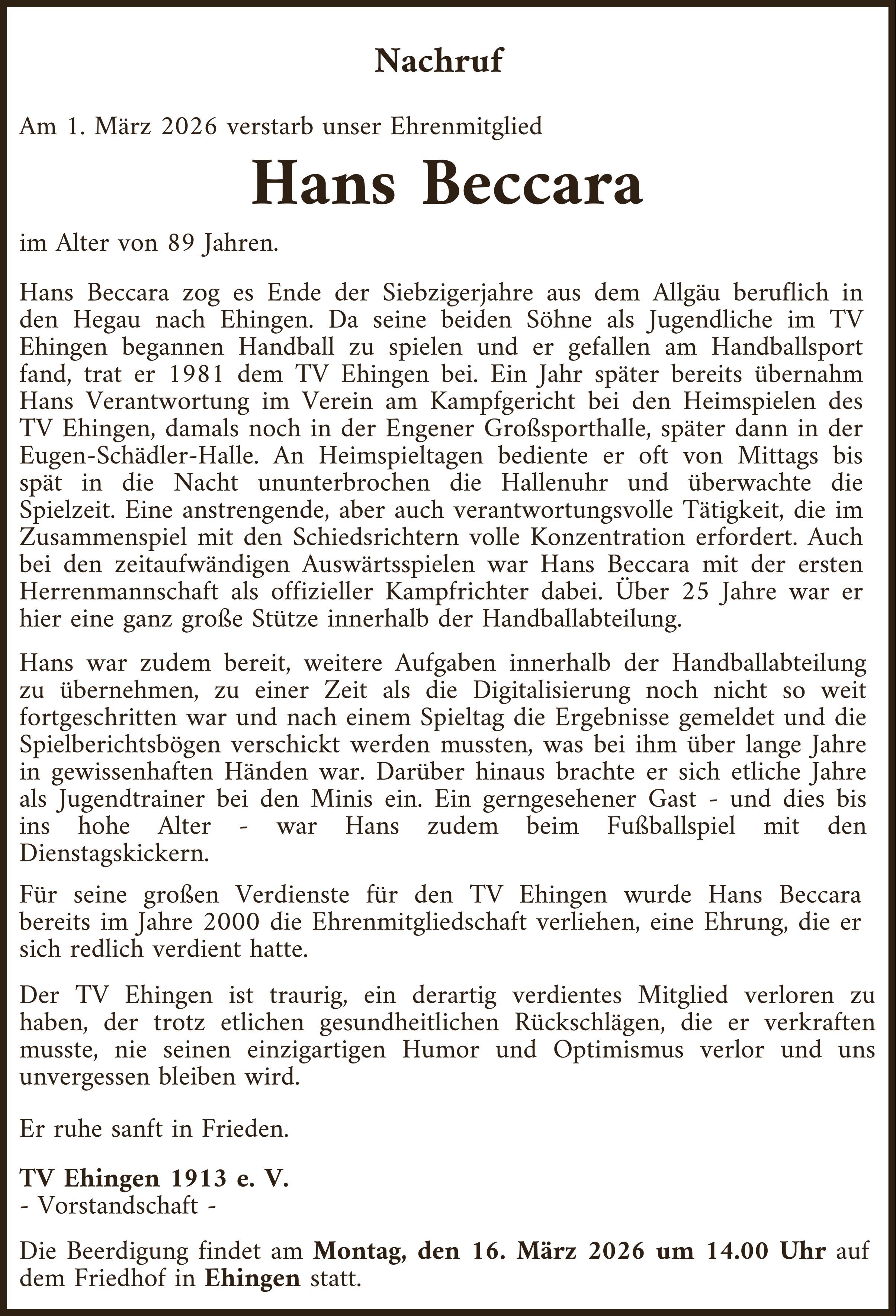 Nachruf Hans Beccara