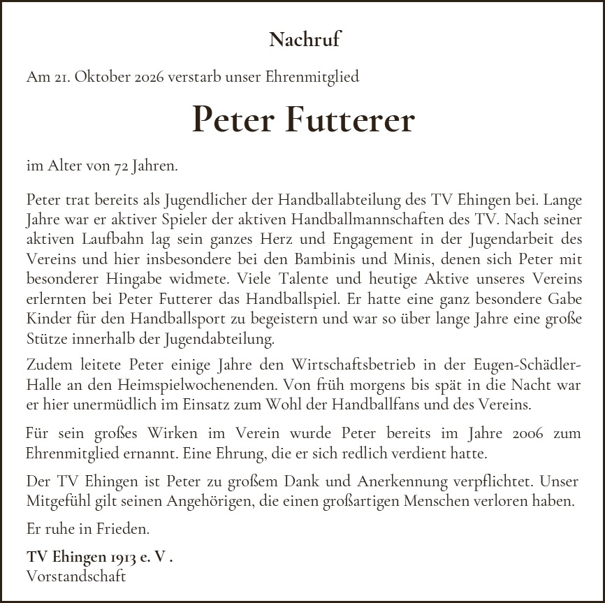 Nachruf Peter Futterer TV Ehingen
